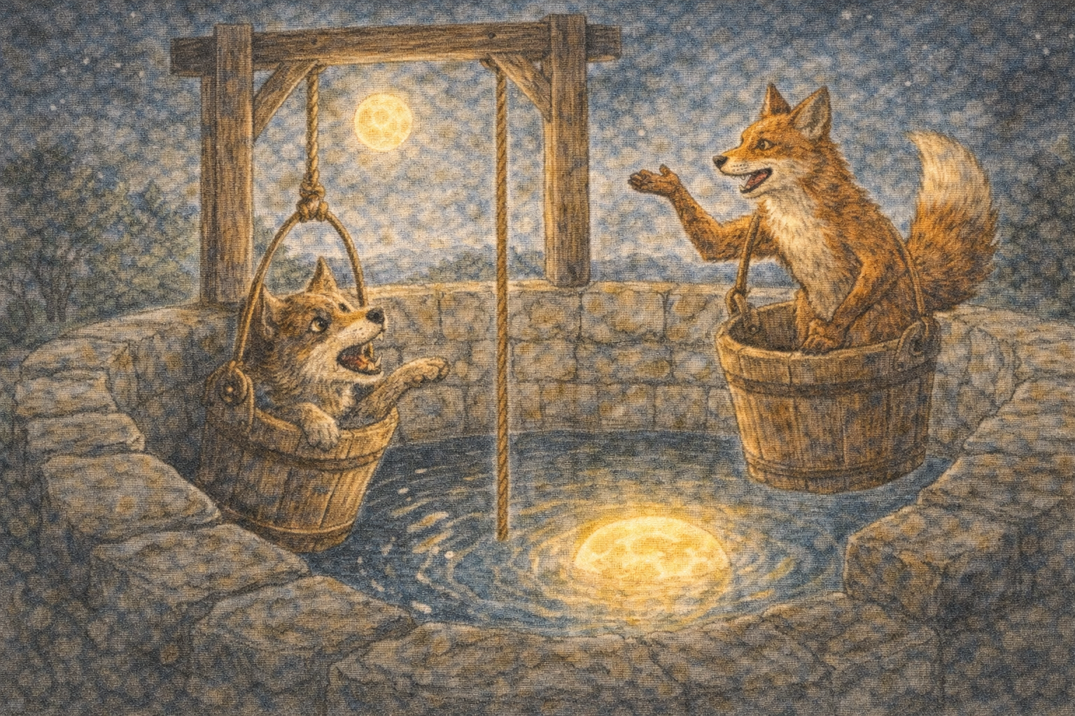 井戸の中のお月様 〜欲張りなオオカミとキツネの知恵比べ〜