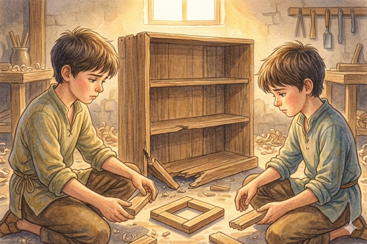 先にあやまったのはだれ？ 〜二人の職人とこわれた棚〜