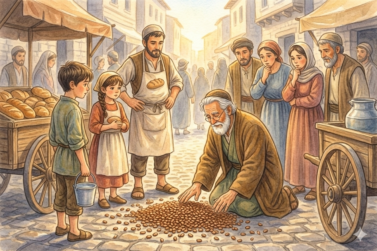 こぼれた豆をどうする？ 〜市場の朝の小さな裁判〜